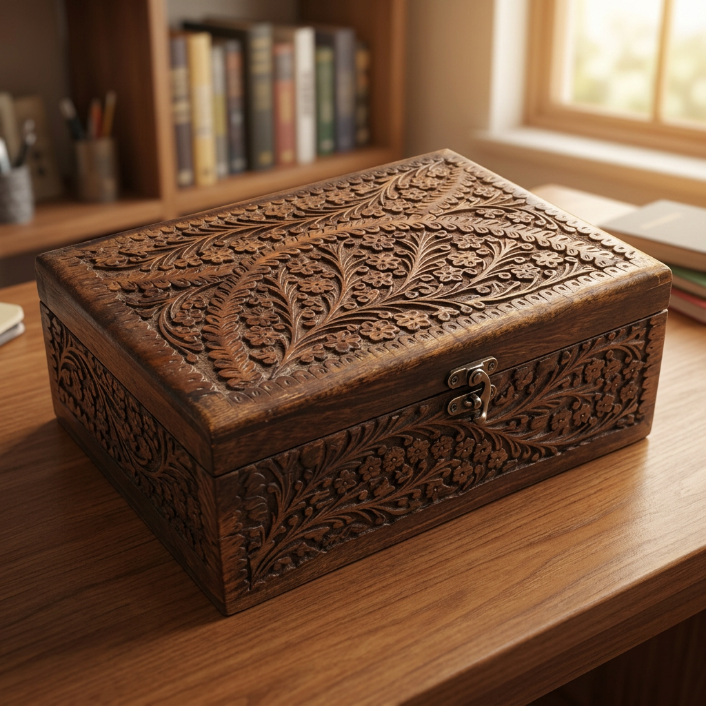 Carved Wooden Jewellery Box with Red Lining | Happy Gift