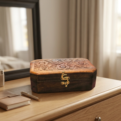 Carved Wooden Jewelry Box with Red Lining | Happy Gift