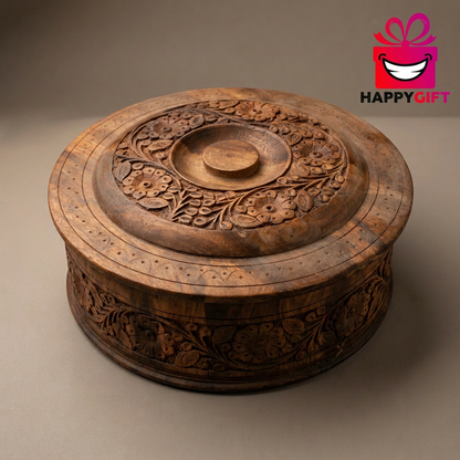 Round Floral Carved Wooden Box with Lid | Happy Gift