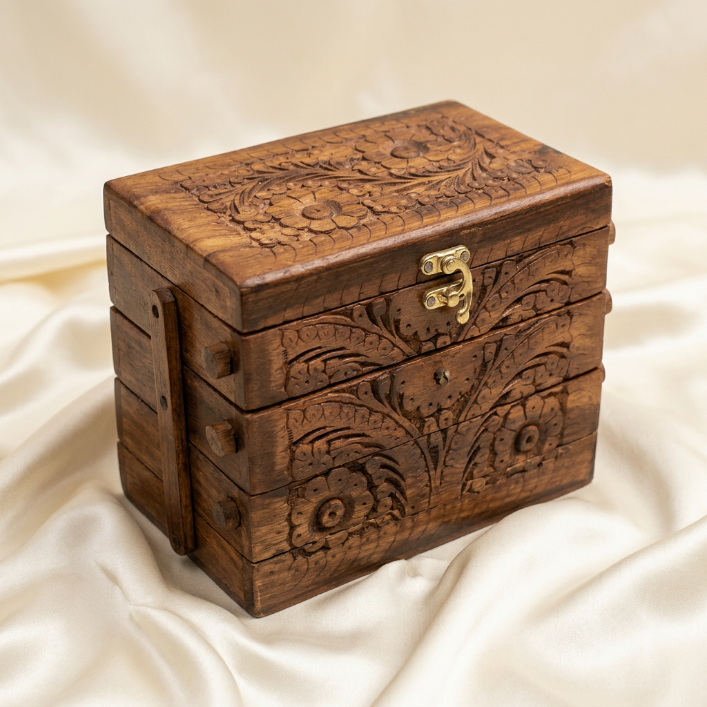 Carved Wooden Tiered Jewellery Box with Red Lining | Happy Gift