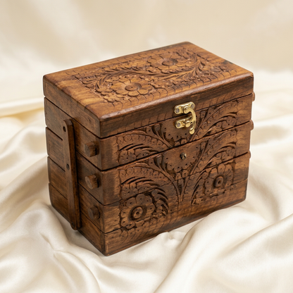 Carved Wooden Tiered Jewellery Box with Red Lining | Happy Gift