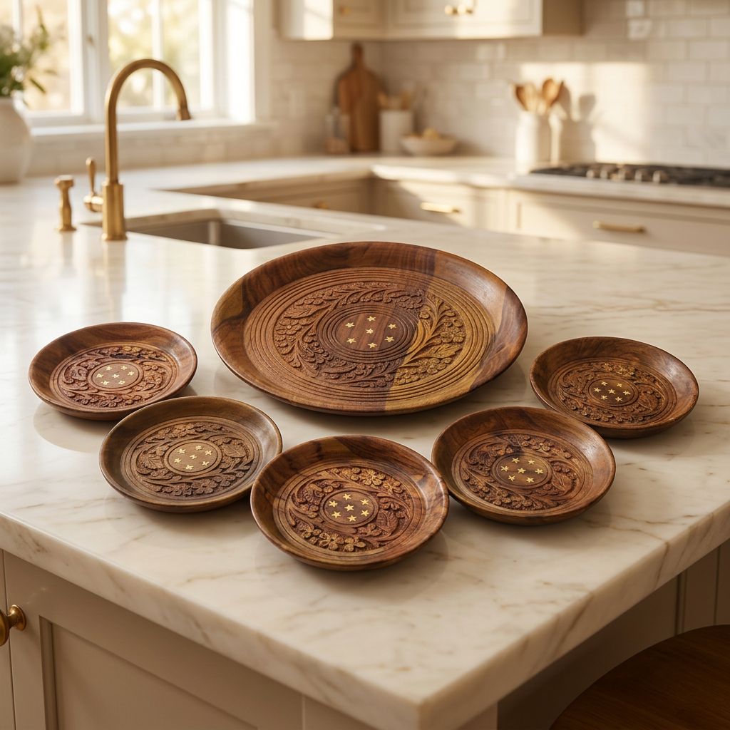 Carved Wooden Plate Set – 1 Large & 6 Small | Happy Gift