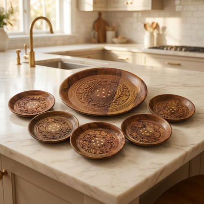Carved Wooden Plate Set – 1 Large & 6 Small | Happy Gift