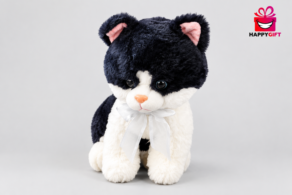 40CM  Black and White Cat Plush Toy with White Bow | Happy Gift