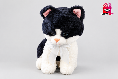 40CM  Black and White Cat Plush Toy with White Bow | Happy Gift