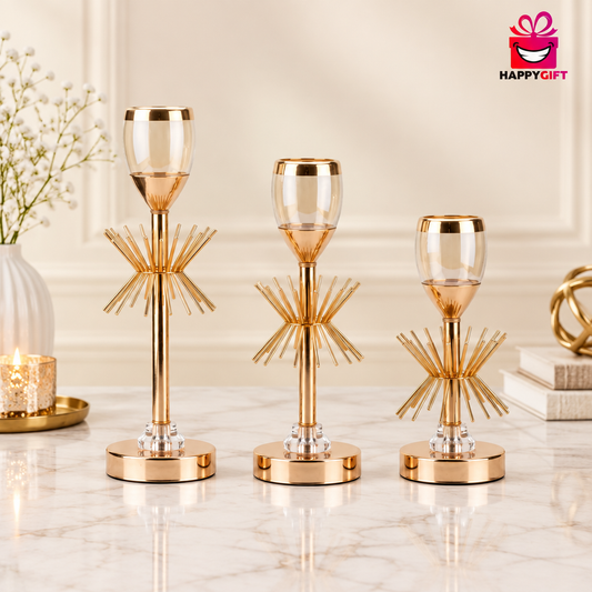 Celestial Gold & Crystal 3-Piece Tiered Candle Holder Set - Elegant Home Decor | HappyGift