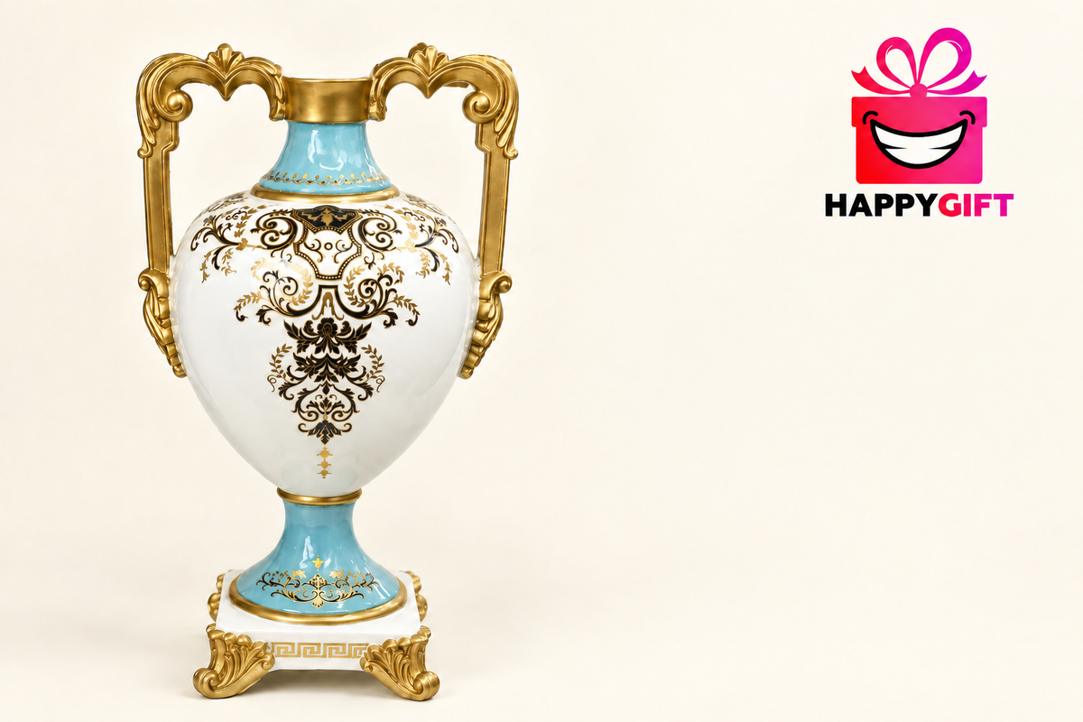 Classic Baroque Double-Handle Trophy Vase – Gloss White & Gold Showpiece