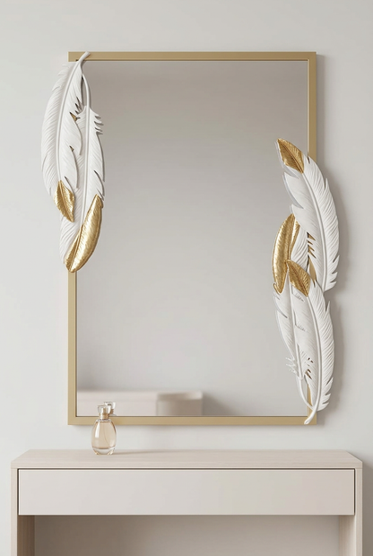 White & Gold Feather Decorative Rectangle Mirror – Happy Gift Length 3 Foot Width 2 Foot