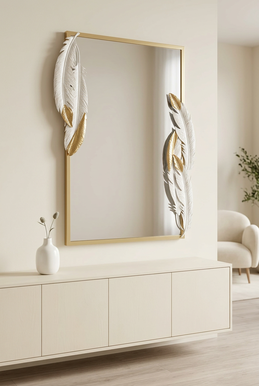 White & Gold Feather Decorative Rectangle Mirror – Happy Gift Length 3 Foot Width 2 Foot