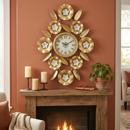 Gold Flower Metal Wall Clock with White Flowers | Happy Gift