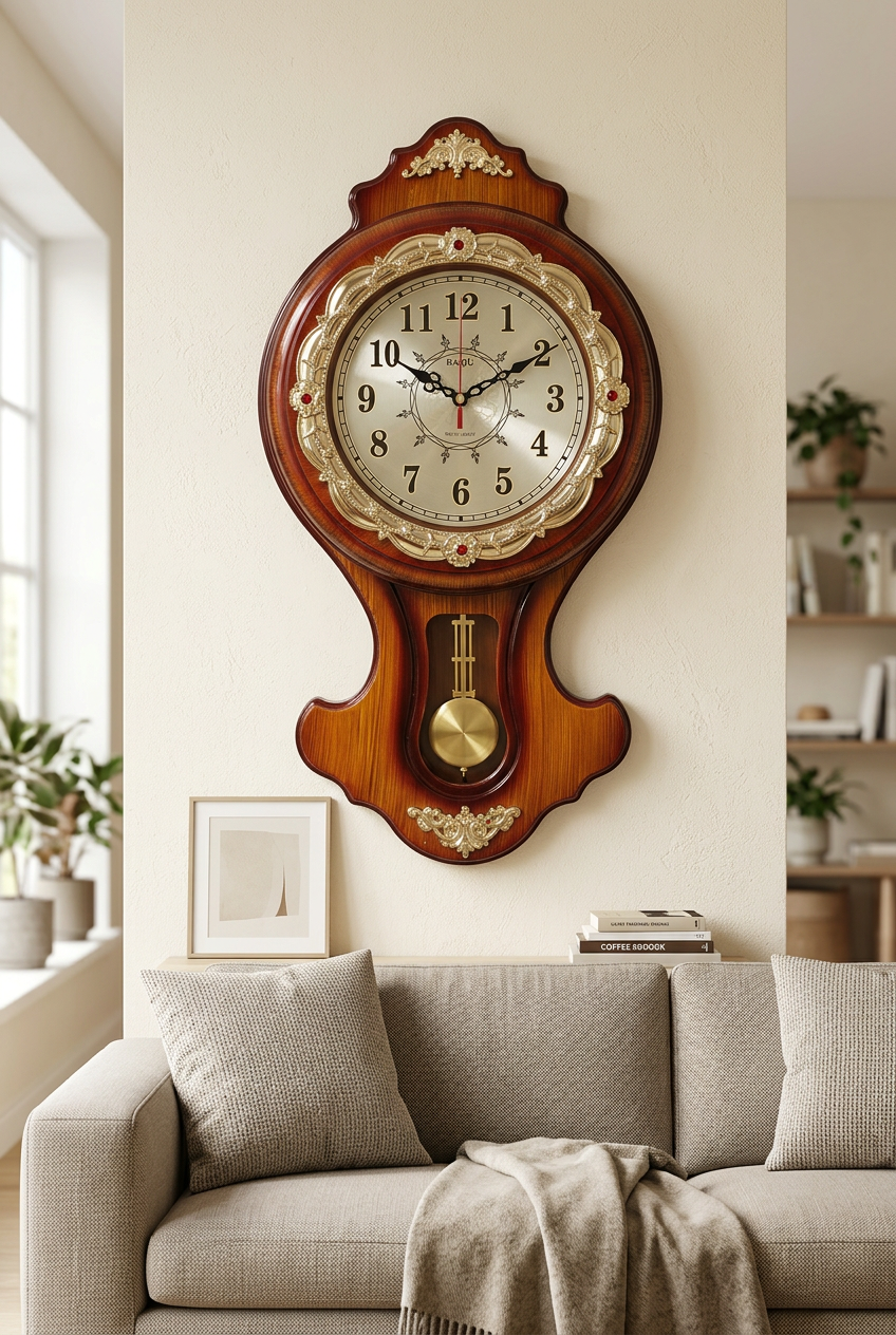Vintage-Style Woodgrain Wall Clock with Gold Detailing – Happy Gift