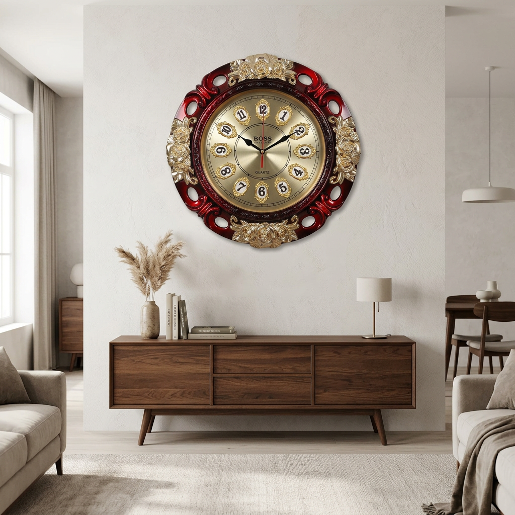 Red & Gold Floral Wall Clock – Decorative Home Décor | Happy Gift