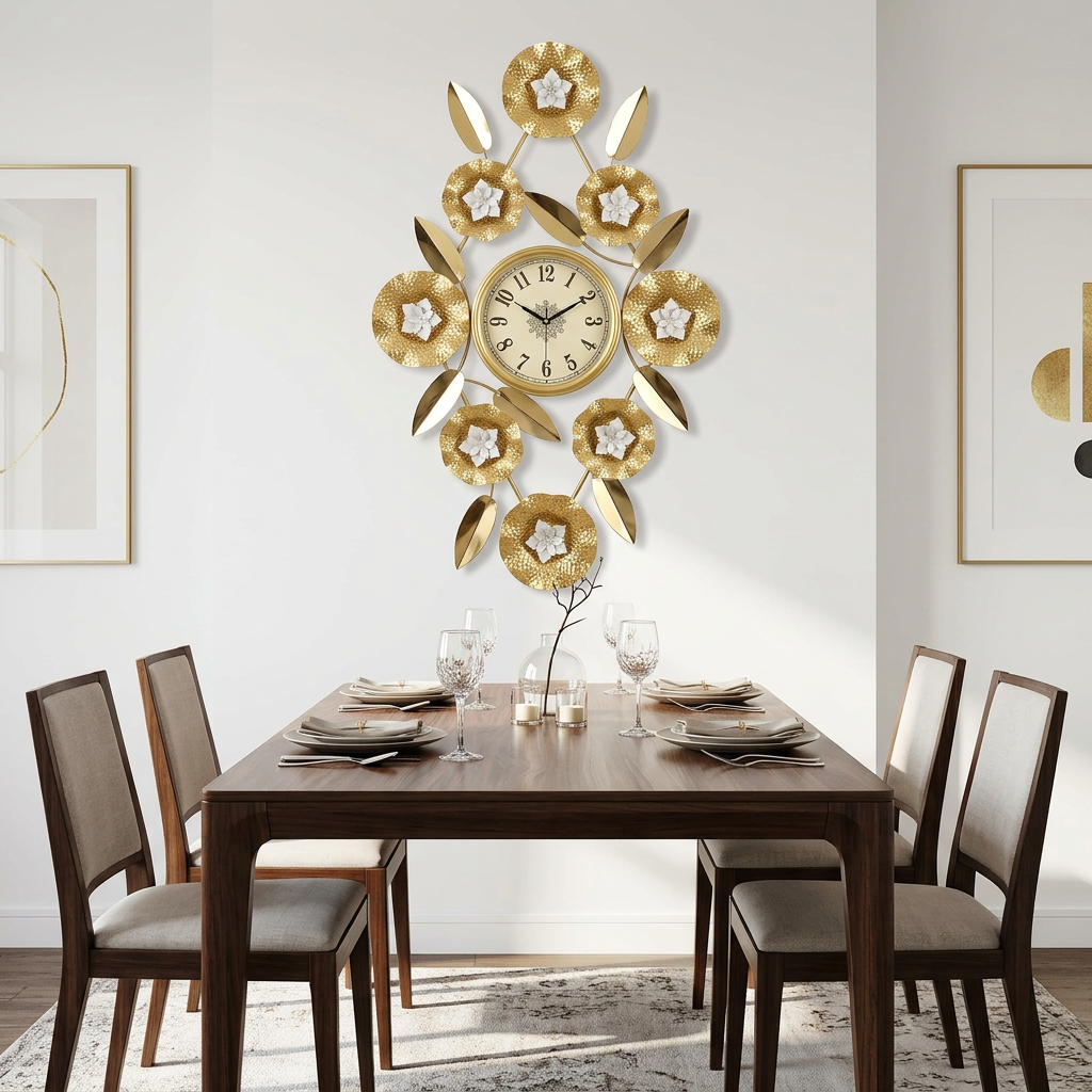 Gold Flower Metal Wall Clock with White Flowers | Happy Gift