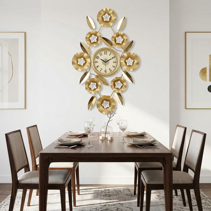 Gold Flower Metal Wall Clock with White Flowers | Happy Gift