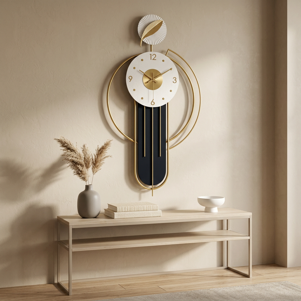 Modern Black & Gold Wall Clock with Leaf Design | Happy Gift