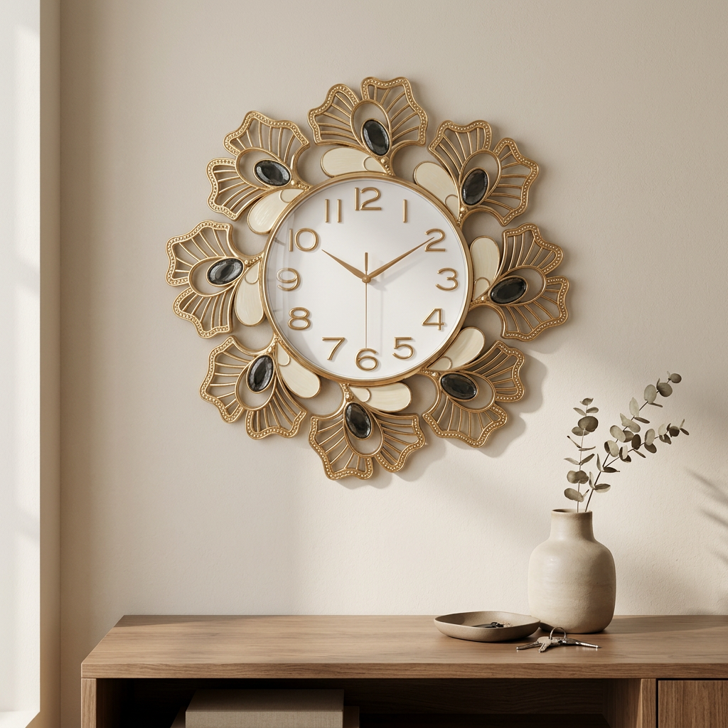 Decorative Floral Wall Clock in Black, Ivory and Gold – Happy Gift