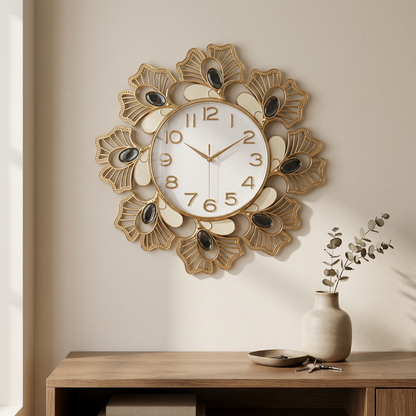 Decorative Floral Wall Clock in Black, Ivory and Gold – Happy Gift