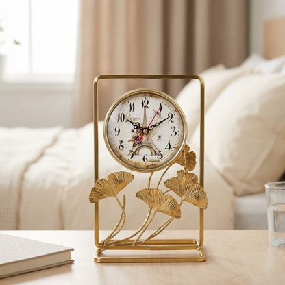 Gold Ginkgo Leaf Table Clock with Paris Dial | Happy Gift