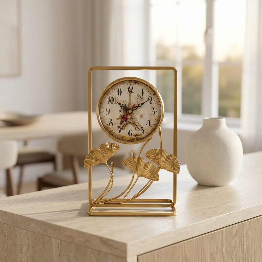 Gold Ginkgo Leaf Table Clock with Paris Dial | Happy Gift