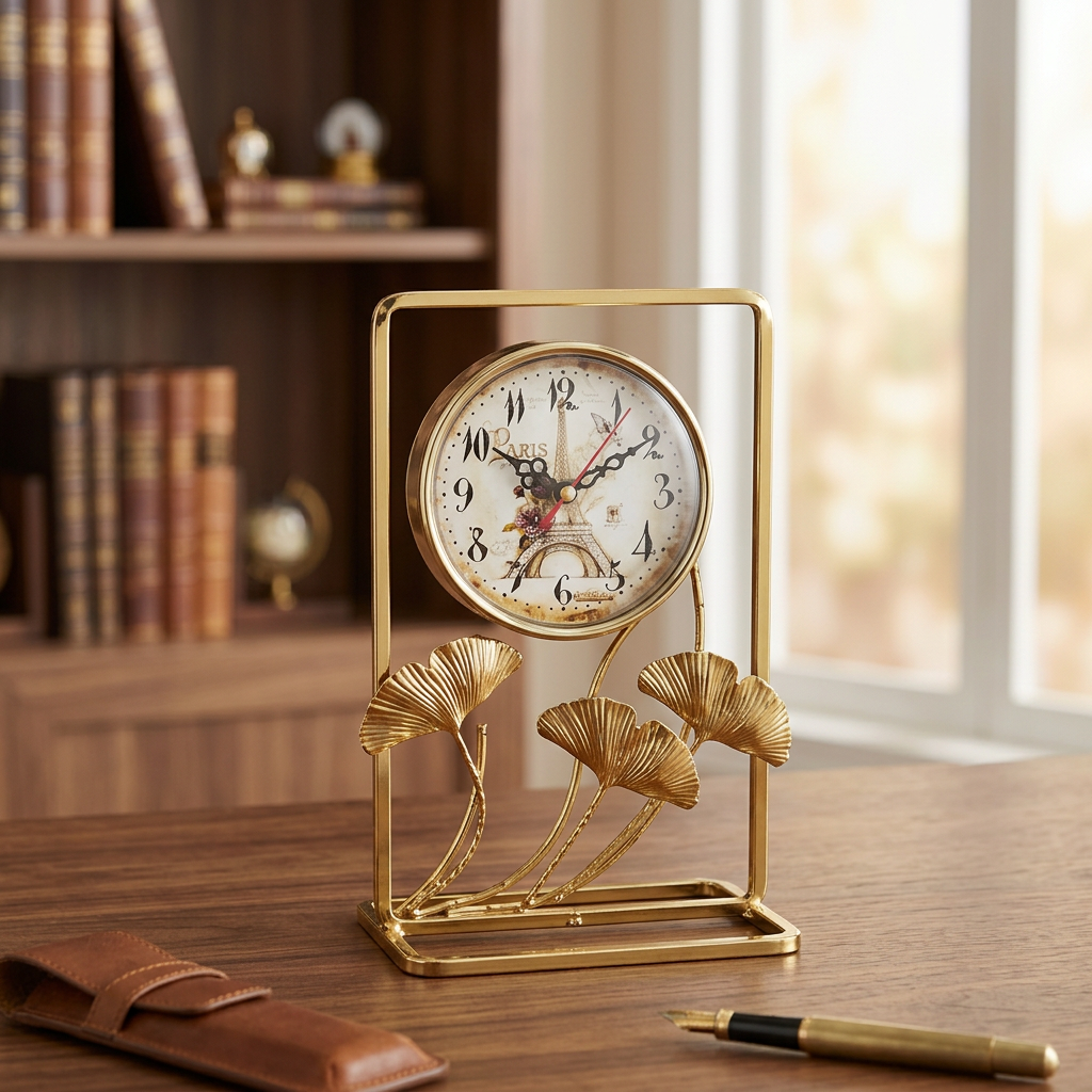 Gold Ginkgo Leaf Table Clock with Paris Dial | Happy Gift