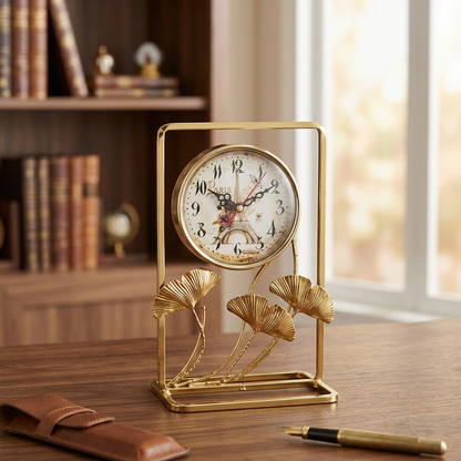 Gold Ginkgo Leaf Table Clock with Paris Dial | Happy Gift