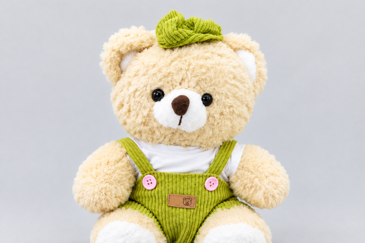 27CM Cream Teddy Bear in Green Dungarees | Happy Gift
