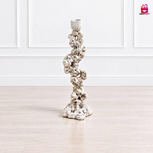 Minimalist Coral Rock Candlestick – Sculptural Off-White Taper Candle Holder