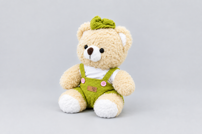 27CM Cream Teddy Bear in Green Dungarees | Happy Gift