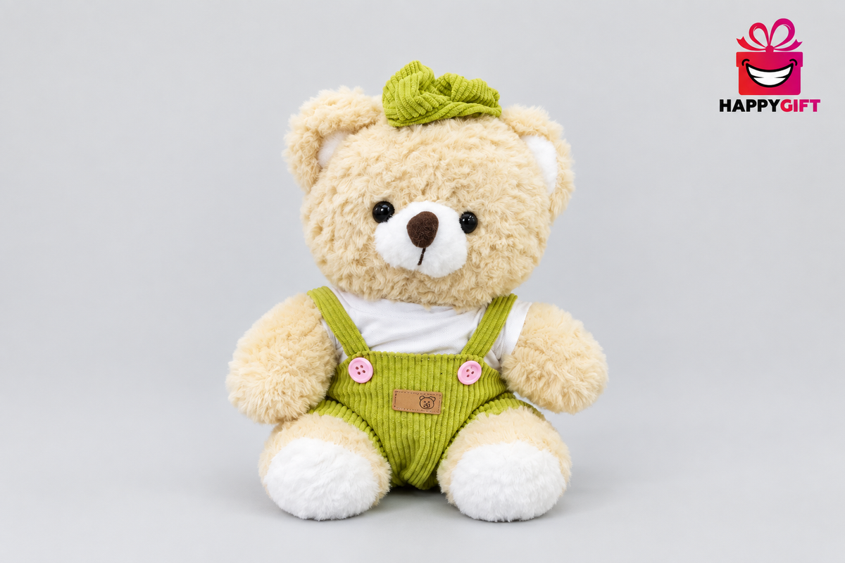 27CM Cream Teddy Bear in Green Dungarees | Happy Gift