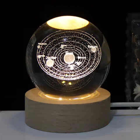 3D Solar System Crystal Ball Lamp – LED Galaxy Orb with Wooden Base