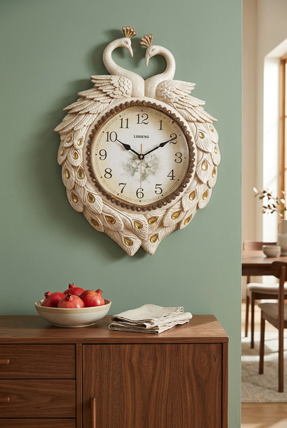 Decorative Peacock Wall Clock in Ivory and Gold – Happy Gift