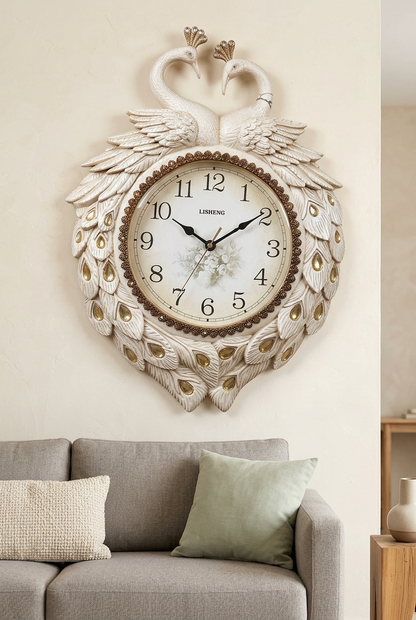 Decorative Peacock Wall Clock in Ivory and Gold – Happy Gift