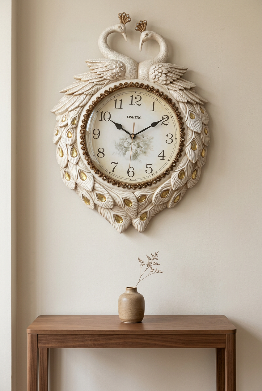 Decorative Peacock Wall Clock in Ivory and Gold – Happy Gift