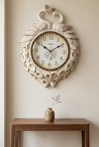 Decorative Peacock Wall Clock in Ivory and Gold – Happy Gift