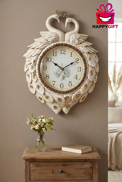 Decorative Peacock Wall Clock in Ivory and Gold – Happy Gift
