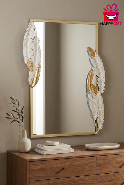 White & Gold Feather Decorative Rectangle Mirror – Happy Gift Length 3 Foot Width 2 Foot