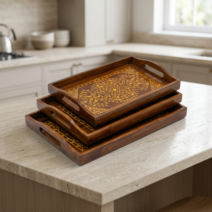 Wooden Serving Tray Set of 3 with Gold-Tone Design | Happy Gift