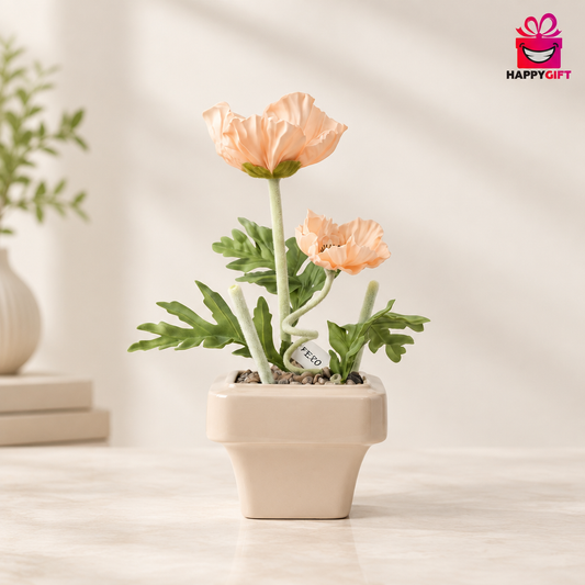 Delicate Artificial Peach Poppy Arrangement in Beige Planter - Elegant Home Decor | HappyGift