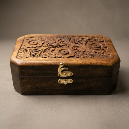 Carved Wooden Jewelry Box with Red Lining | Happy Gift