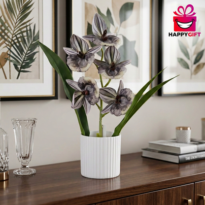 Artificial Striped Orchid Flower Arrangement in White Pot | Happy Gift