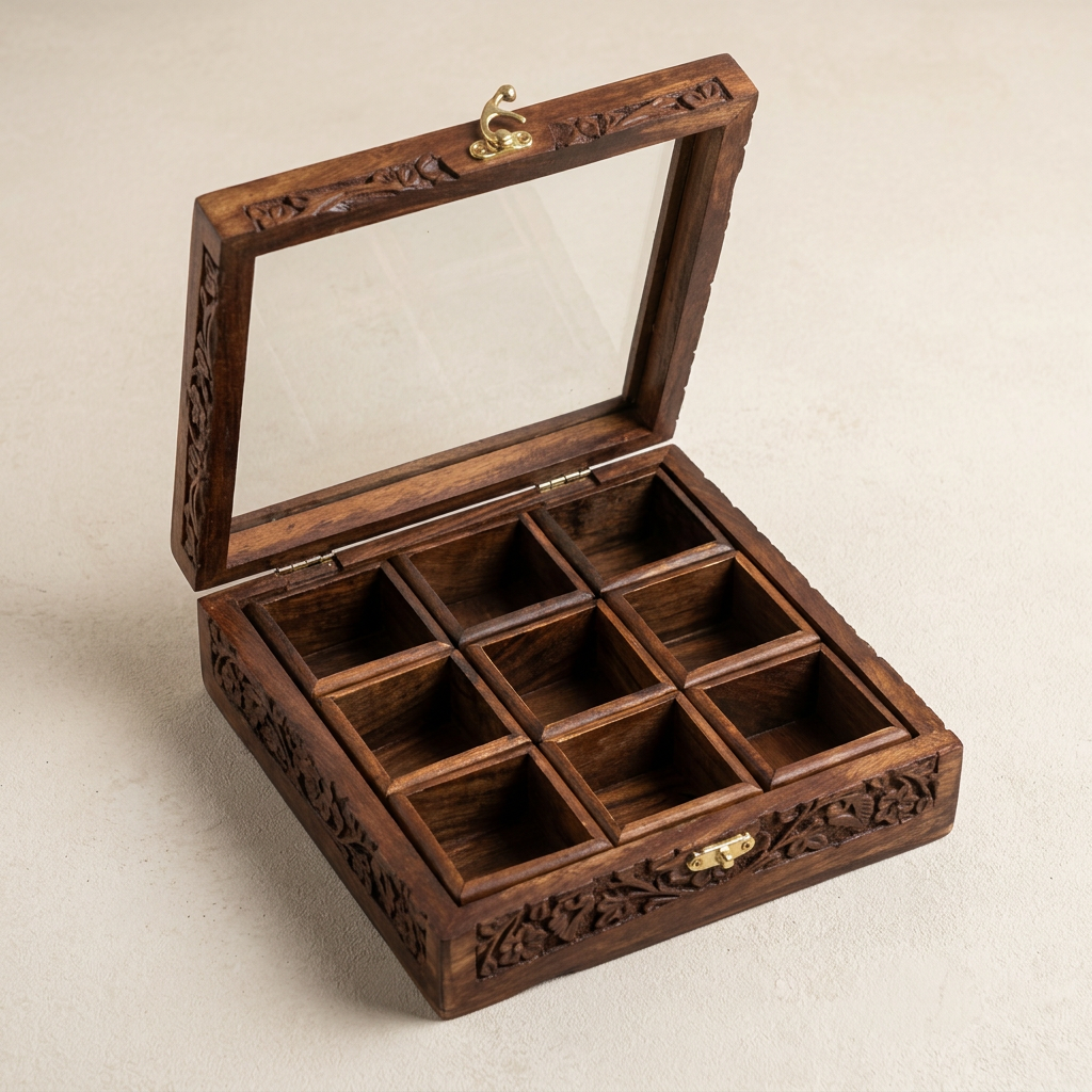 Carved Wooden Tea Box with Glass Lid – 9 Compartments | Happy Gift