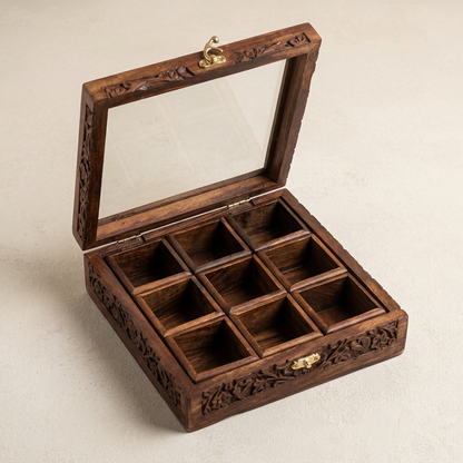 Carved Wooden Tea Box with Glass Lid – 9 Compartments | Happy Gift