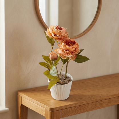 Peach Artificial Flower Arrangement in White Ribbed Pot | Happy Gift