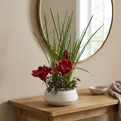 Red Artificial Flower and Grass Arrangement in White Pot | Happy Gift
