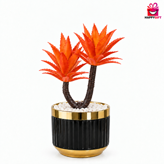 Modern Faux Orange Aloe Succulent – Black & Gold Ceramic Planter Decor