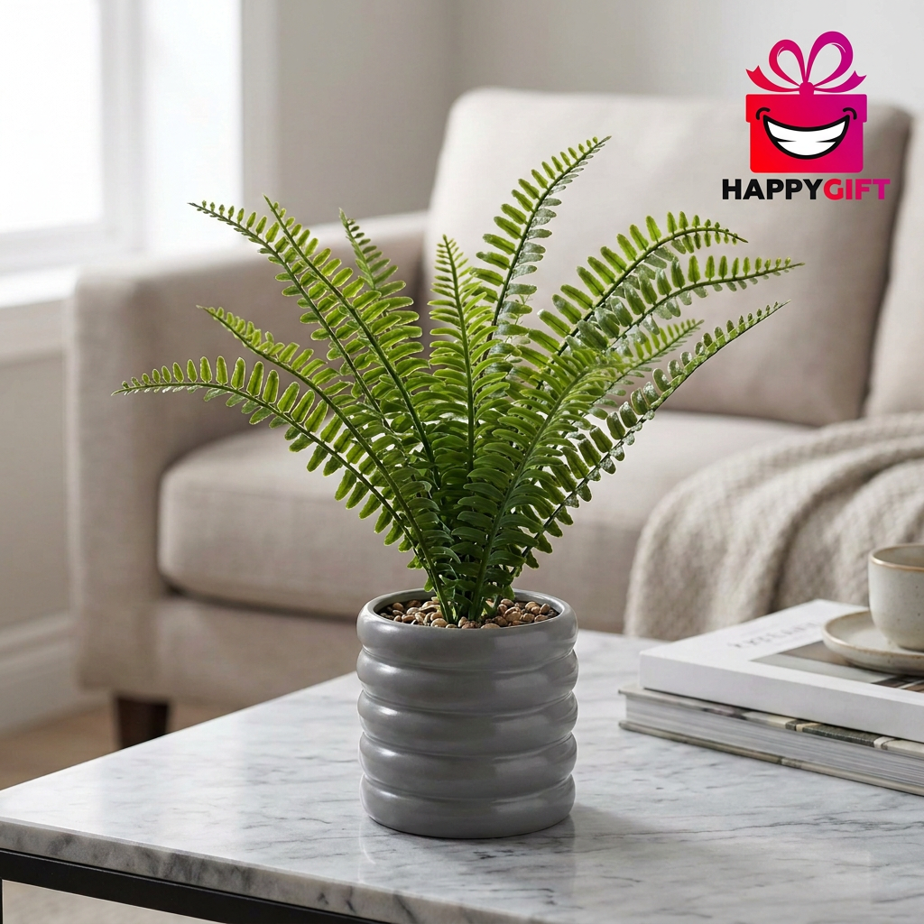 Artificial Green Fern Plant in Grey Ribbed Pot | Happy Gift