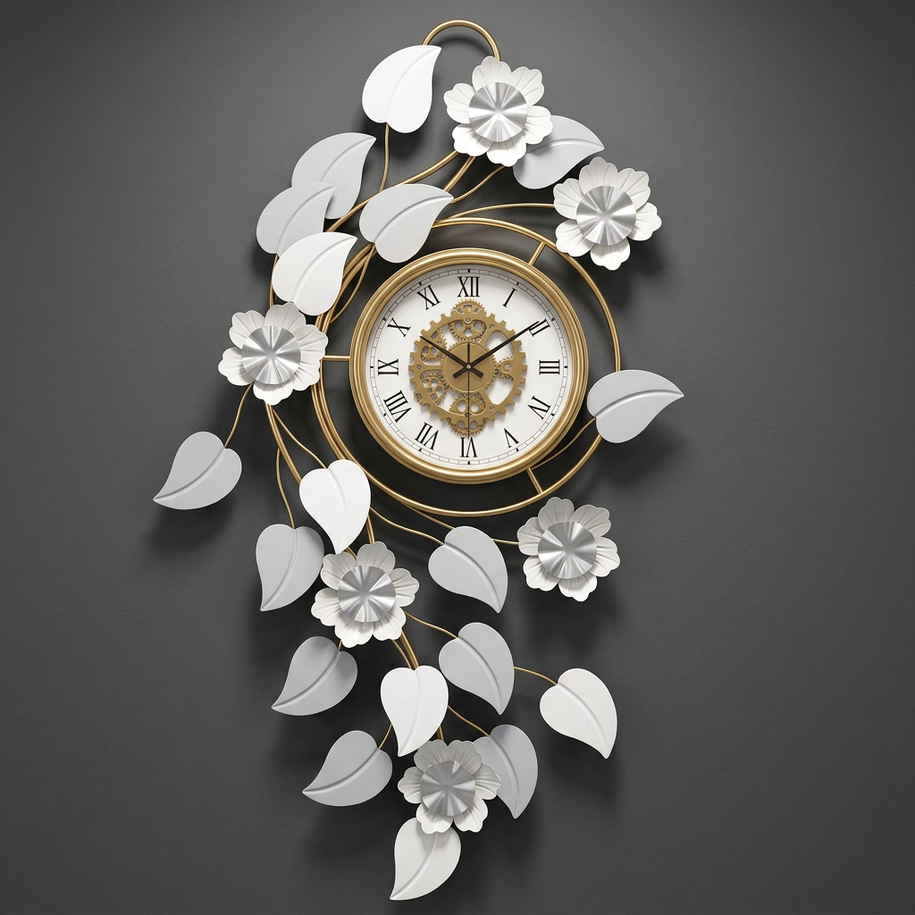 Silver & Gold Floral Wall Clock with Roman Numerals | Happy Gift