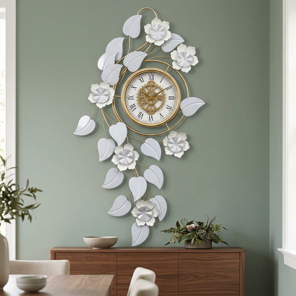 Silver & Gold Floral Wall Clock with Roman Numerals | Happy Gift