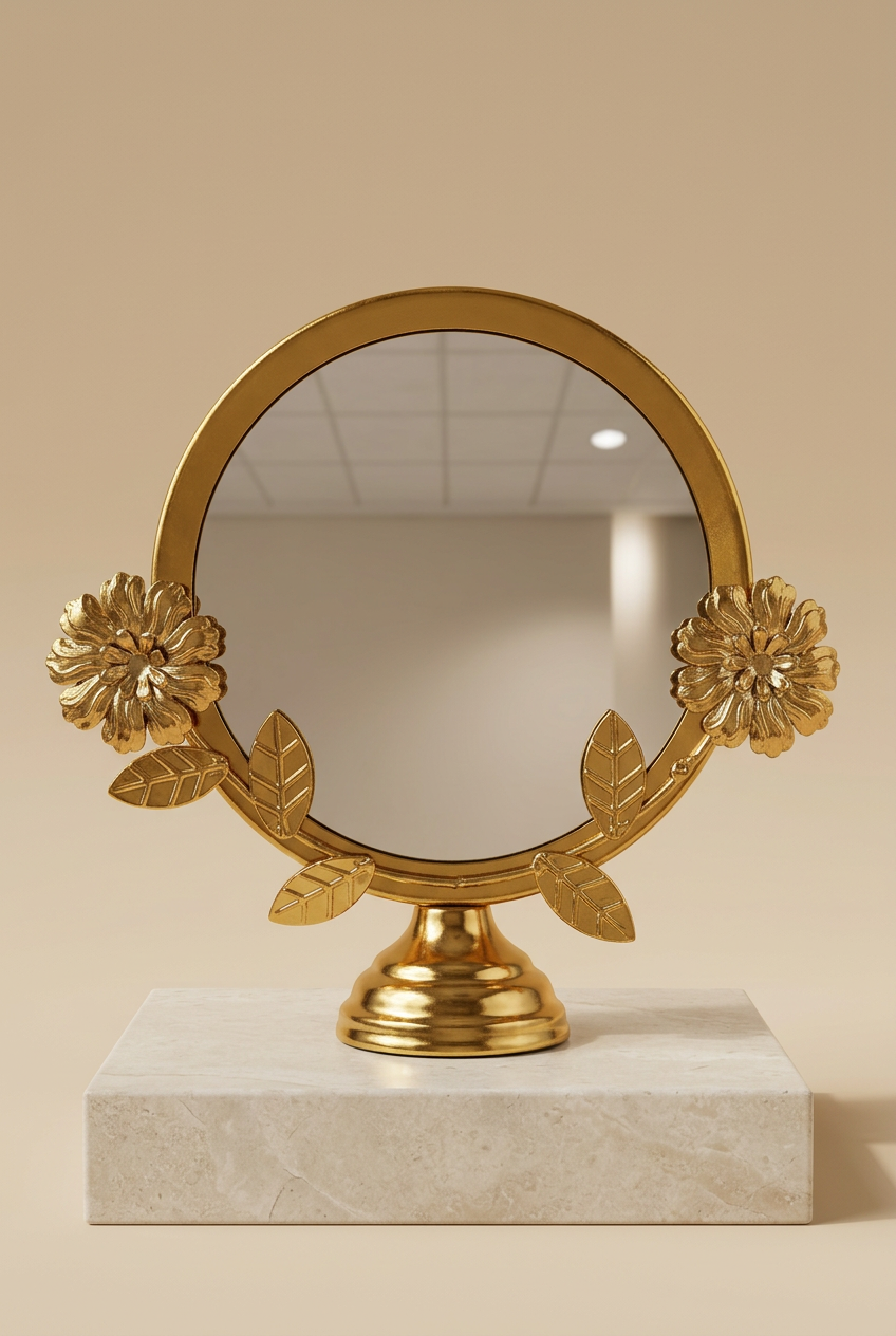 Gold Floral Round Tabletop Vanity Mirror with Stand | Happy Gift