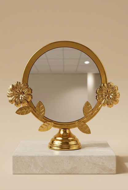 Gold Floral Round Tabletop Vanity Mirror with Stand | Happy Gift